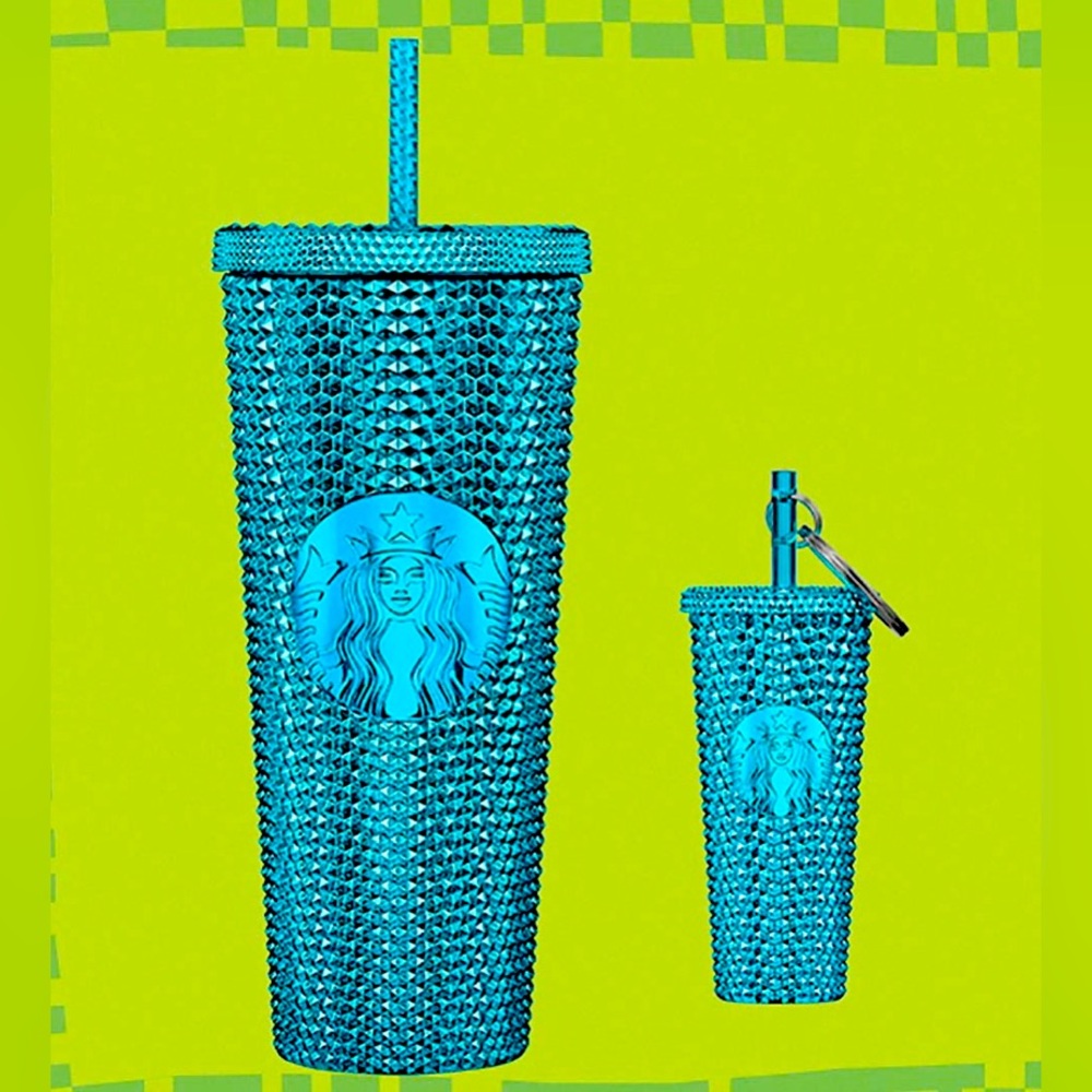 Starbucks Blue Metallic Chrome Studded Tumbler Cup 24oz & Keychain Ornament 2pc